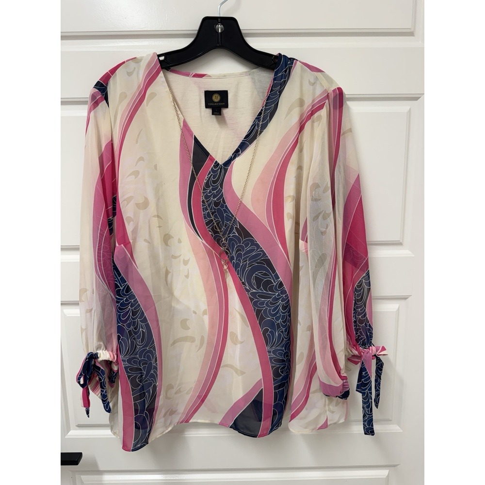 JM Collection Pullover Blouse Lined Semi Sheer Necklace 3/4 Sleeves Pink Navy M